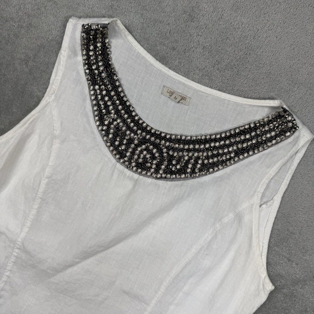 Lina Tomei Linen Shirt Women's Medium White Sleeveless Beaded Lagenlook